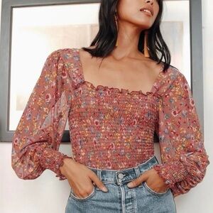 Lulus - Watch Me Bloom Maeve Floral Print Mesh Smocked Long Sleeve Blouse Small